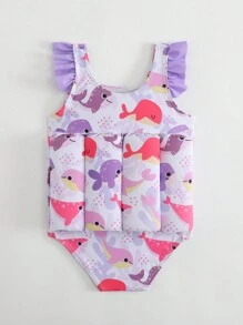 SHEIN Baby Mädchen Cartoon Fisch Muster Rüschenbesatz Carmen-Ausschnitt süßer Einteiler Badeanzug für Strandurlaub