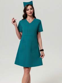Scrubzie Women's Anti-Wrinkle Cross-Wrapped Nurse Dress - Teal Blue - View 7