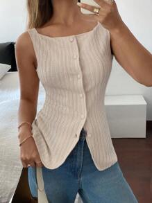 Siren Gaze Camisa sin mangas con botones y textura de unicolor casual para mujer - Albaricoque - Ver 4