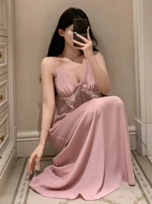 DAZY Váy ngủ dài phối ren phối màu lãng mạn - Hồng - Xem 6