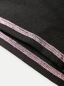 SHEIN Bộ đồ liền thân dệt kim màu tương phản có mũ trùm đầu phía trước hở tai thoải mái cho bé gái tuổi mới lớn - màu đen - Xem 9