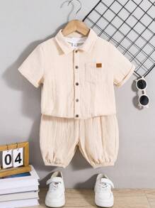 SHEIN 2 件套年轻男孩休闲纹理面料衬衫和短裤套装，2 件套服装适合学校、花园、海滩、生日、春季、夏季、秋季、冬季 - 杏色 - 查看 8