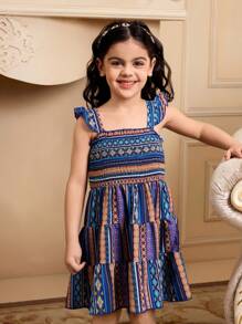 SHEIN 斋月风格年轻女孩多彩复古印花细肩带小女孩连衣裙