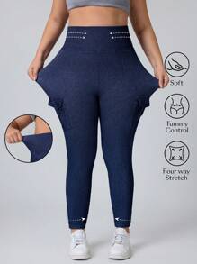 Flexra Plus Size Washed High Waist Slim Fit Casual Cargo Stretchy Knit Denim Apple Bottom Jeans - Medium Wash - View 1