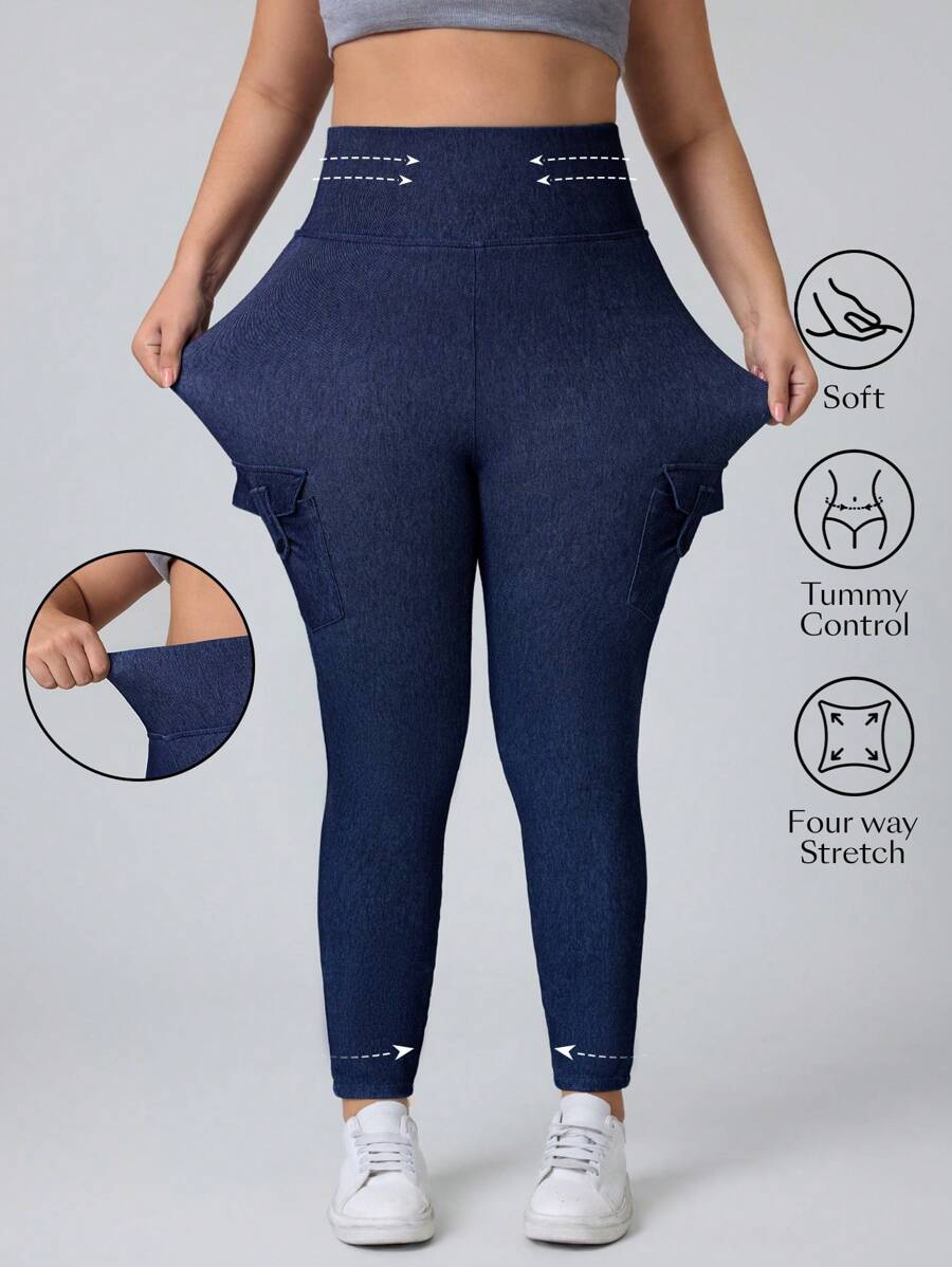 Flexra Plus Size Washed High Waist Slim Fit Casual Cargo Stretchy Knit Denim Apple Bottom Jeans - Medium Wash - View 1