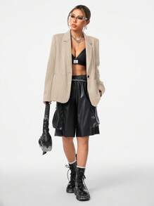 SHEIN EZwear Women's Fall/Winter Streetwear Striped Grey Suit Jacket - Coffee Brown - View 5