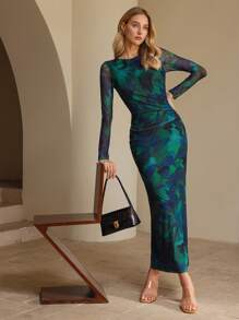 SHEIN Clasi 女士扎染印花薄纱奢华晚礼服 - 墨綠色 - 查看 4