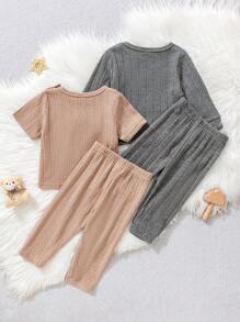 4 件装男婴阳光条纹刺绣熊装饰短袖 T 恤和长裤，夏季家居服套装 - 彩色 - 查看 2