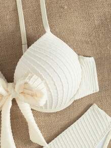 Swim Mod 2pcs/Set Women Spring Break Solid Color Gathered Texture Bowknot Strap Bikini Set, For Summer Beach - Beige - View 8