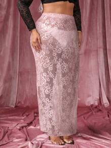 SHEIN SXY 大码性感透明蕾丝长裙 - 粉色 - 查看 5
