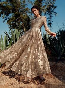 Anewsta 精致奢华蕾丝长袖金色连衣裙，优雅精致的设计 - 卡其色 - 查看 1