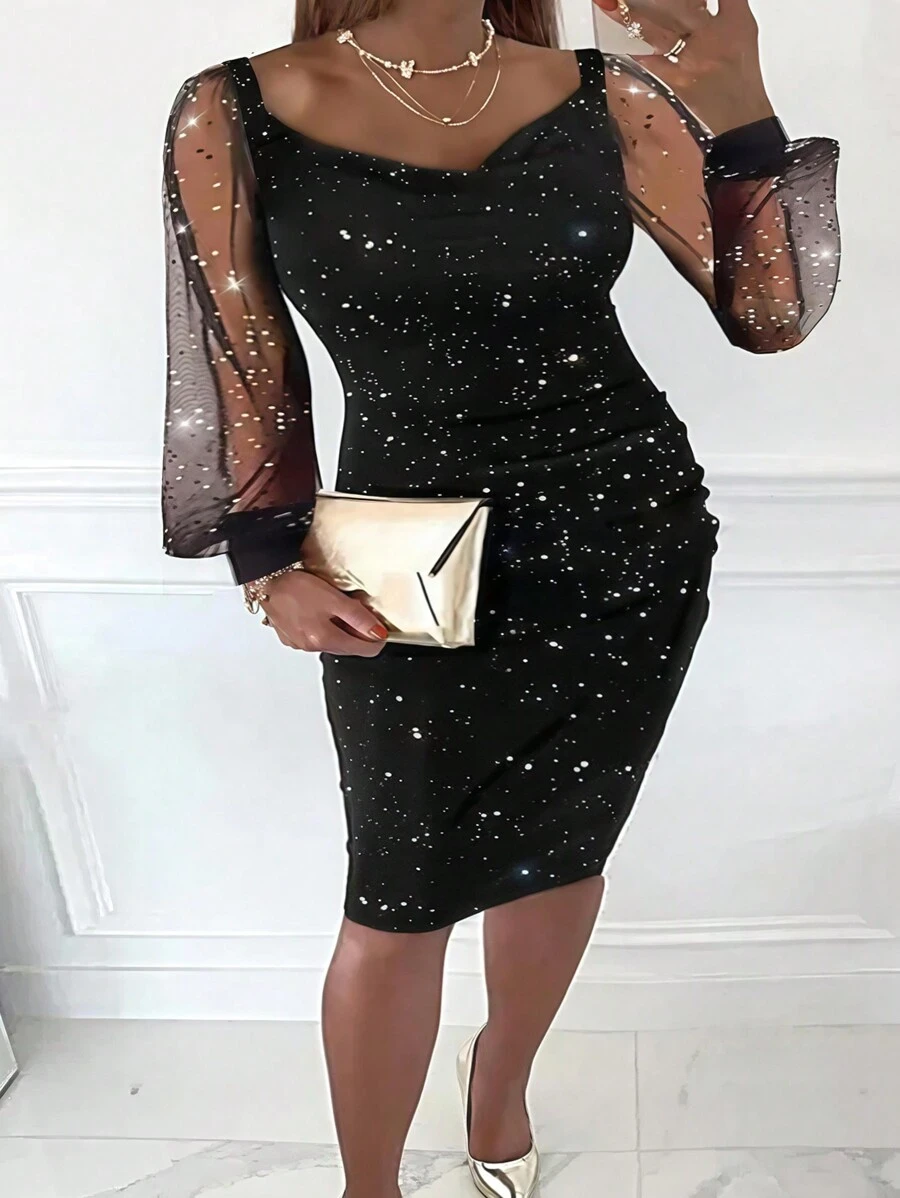 Plus Size Draped Neck Metallic Shiny Sexy Dress | SHEIN USA