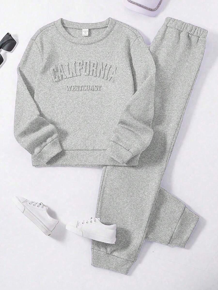 SHEIN 少女甜美大小姐休閒大學風長袖上衣和長褲，2件套裝 - 灰色 - 查看 1