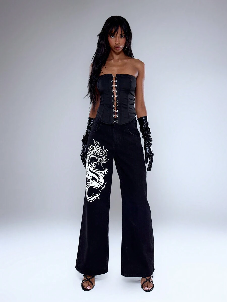 MUSERA Denim Oriental Dragon Print Low Rise Baggy Jeans, Spring 90's ...