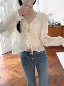 DAZY Áo cánh dài tay họa tiết bèo nhún thường ngày cho nữ mùa hè, quần áo mùa thu - Màu be - Xem 3