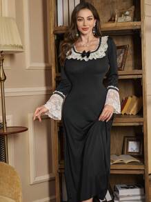 Women Contrast Lace Nightgown, Minimalist And Fashionable For Casual Daily Wear, Fall, Winter