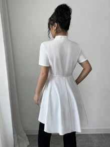 Elenzga 女式 2024 新款不对称下摆休闲衬衫，正面采用手工纽扣设计 - 白色 - 查看 2