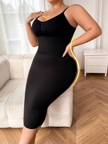 1pc Plus Size Seamless High-Waist Camisole For Women, Long Length Shapewear - Black - View 4