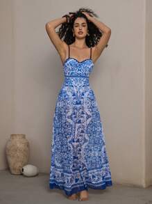 Swim Oasis 夏季女士优质印花细肩带紧身胸衣和裙子套装 2 件套 - 藍白色 - 查看 2