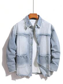 Manfinity Homme Men Front Button Long Sleeve Frayed Edge Casual Denim Shirt, Fall