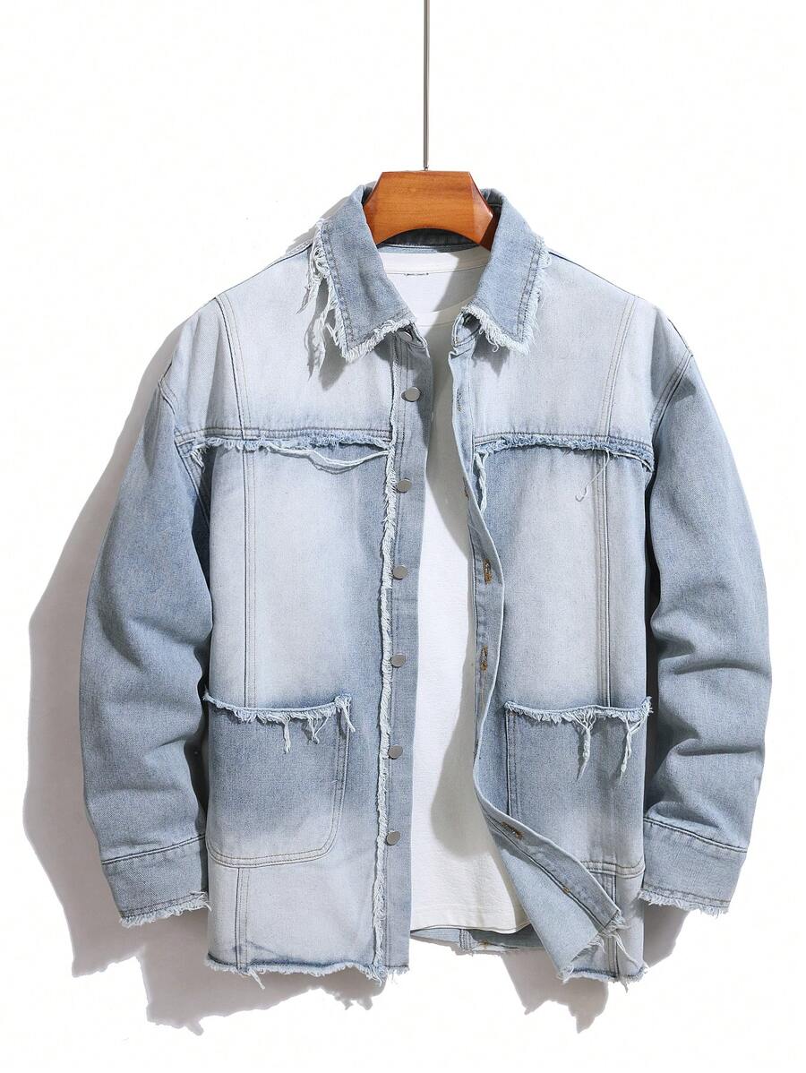 Manfinity Homme Men Front Button Long Sleeve Frayed Edge Casual Denim Shirt, Fall
