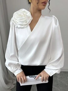 Elenzga 花卉贴花褶饰灯笼袖衬衫 - 白色 - 查看 6