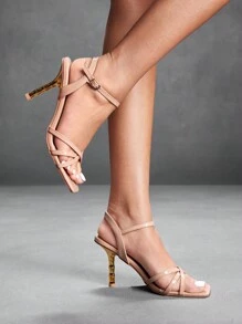 CUCCOO SZL Sandalias altas de tacón cuadrado color albaricoque con tacones metálicos dorados, diseño elegante y sexy con correas cruzadas para damas