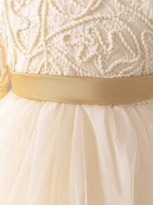 Glamorique Kids 女婴长袖网眼刺绣泡泡袖连衣裙，香槟色婴儿生日派对公主礼服，女婴洗礼礼服