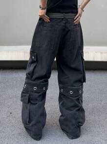 Manfinity EMRG 男式休闲洗水宽松工装牛仔裤 - 黑色 - 查看 2