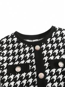 SHEIN Firerie Kids Váy dệt kim cổ tròn tay ngắn họa tiết Houndstooth chắp vá cho bé gái tuổi mới lớn, trang phục thường ngày khi trở lại trường - Đen và trắng - Xem 11