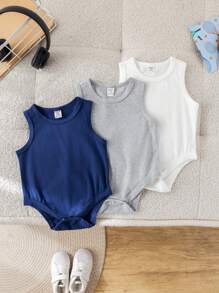 SHEIN Leap Crew 3pcs/Set Baby Boy & Baby Girl Solid Color Knitted Sleeveless Bodysuit Set - Multicolor - View 6