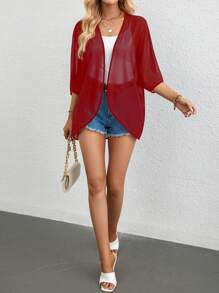 SHEIN Essnce Casual Solid Color Sheer Batwing Sleeve Jacket - Red - View 5