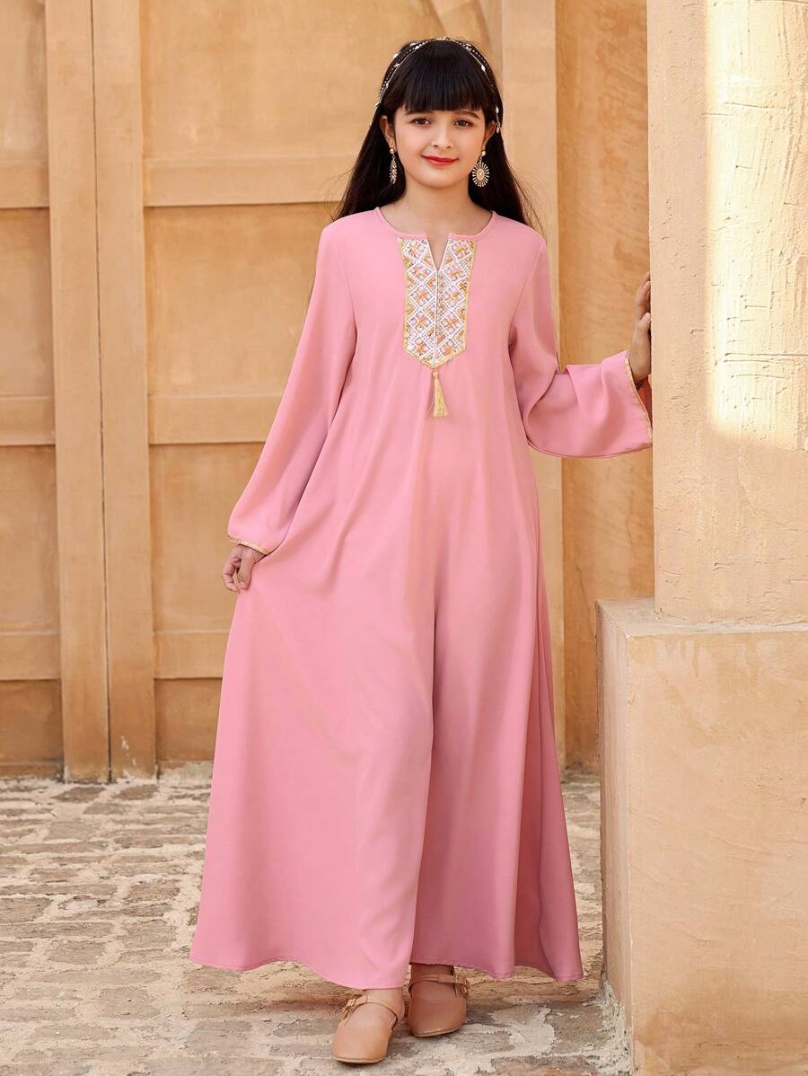 Tween Girls' Solid Color Long Sleeve Casual Minimalist Fashion Everyday Dress - Pink - View 1