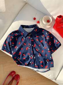Comfortcana Camisa Solta de Manga Curta Casual com Estampa de Cereja Feminina, Verão Férias - Azul Royal - Visão 6