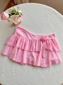 Comfortcana Women's Solid Color 3D Floral Contrast Ruffle Hem Mini Skirt