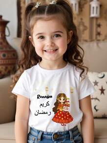 SHEIN Leap Crew Islamic Young Girl Casual Pattern Short Sleeve T-Shirt - White - View 5