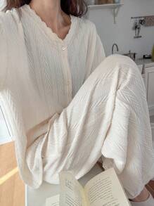 DAZY Soft Knit Jacquard & Lace Trim Loose Pajamas Set - Beige - View 6