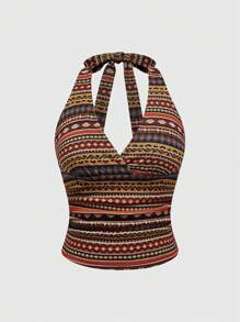 ROMWE Retro Hippie Style Totem All-Over Print Halter Tank Top - Multicolor - View 1