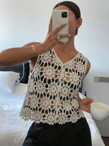 DAZY 女士波浪条纹花卉拼布前开针织开衫 - 黑與白 - 查看 6
