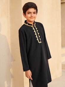 2pcs Tween Boy Lace Decor Half-Open Collar Long Shirt & Pants Set, Shirt With Side Slits For Easy Movement - Multicolor - View 6