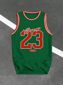 Manfinity Homme 男士街头学院风运动背心，INS High Street 23号图案运动背心，街头球衣时尚Y2K风格，篮球背心，夏季款 - 墨綠色 - 查看 2