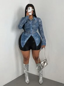 Maweii 大码女式网眼牛仔效果印花前开透明衬衫