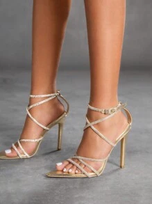 CUCCOO SZL 女士时尚水晶缀饰尖头踝带高跟凉鞋，适合通勤、约会、聚会、度假、婚礼、情人节 - 金色 - 查看 1