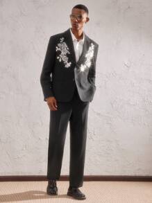 AKNOTIC Business Casual 2pcs Men Black Woven Sequin Patch Slim-Fit Notch Lapel Suit Set, Suitable For Spring/Summer, Vacation, Wedding, Party, Graduation Gift - Black - View 4