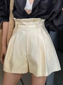 Quần short ống rộng màu trơn đơn giản cho nữ - Màu be - Xem 4