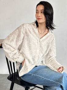 FRIFUL Women's Loose Fit Long Lace Embroidered Blouse Shirt