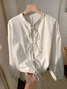 SHEIN EZwear Casual effen damesoverhemd met lantaarnmouwen en strik aan de voorkant voor de herfst