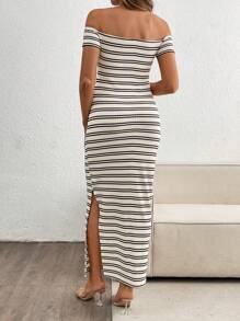 SHEIN Off-Shoulder Hollow Striped Maternity Dress, For Vacation & Commuting