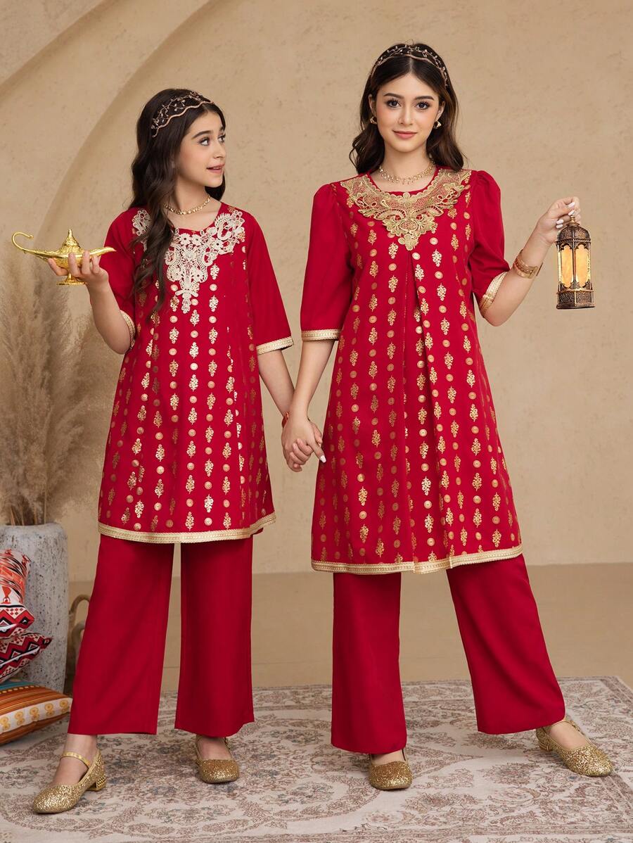 2pcs Set Tween Girls Gold Foil Print Loose Half Sleeve Longline Top And Elastic Waist Wide Leg Pants, Spring/Summer,Holiday,Summer,Travel