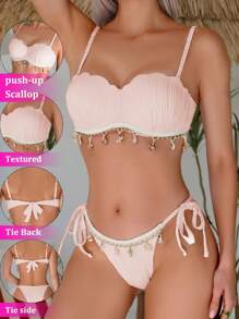 Women's Solid Color Textured Fabric Gathered Conch Decor Ribbon Drawstring Bikini Set For Summer Beach Vacation - Apricot - View 6